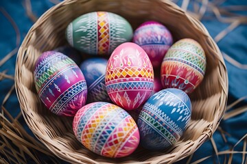 Fototapeta na wymiar Happy Easter Background with hand painted colorful pastel easter eggs in a rattan basket mockup photography invitation banner