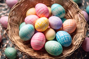 Fototapeta premium Happy Easter Background with hand painted colorful pastel easter eggs in a rattan basket mockup photography invitation banner