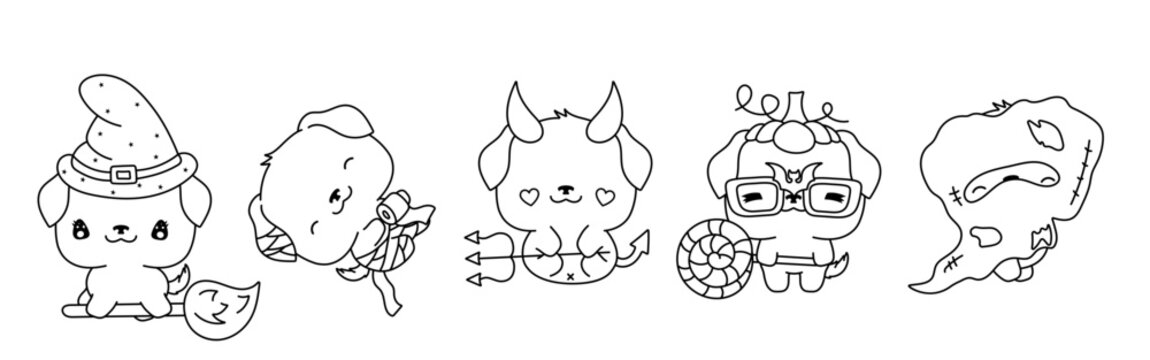 Set of Vector Halloween Rottweiler Dog Coloring Page. Collection of Kawaii Halloween Dog Outline.
