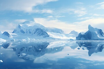 Antarctic landscape with icebergs and snow-capped mountains, Blue Ice covered mountains in south polar ocean. Winter Antarctic landscape, AI Generated - obrazy, fototapety, plakaty