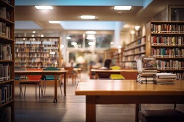 Library interior with bookshelves and tables, shallow depth of field, blurry college library....