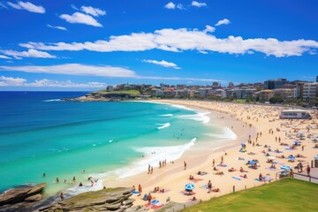 Panoramic aerial view of Bondi beach, Sydney, Australia, Bondi Beach in Sydney, New South Wales, Australia, AI Generated - obrazy, fototapety, plakaty