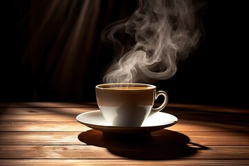 Obraz premium Morning elixir. Steam rising from hot coffee cup. Aromatic delight. Closeup of tea steam on vintage table. Brewed to perfection. Espresso aroma in wooden mug