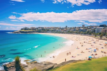 Panoramic aerial view of San Sebastian beach, Cantabria, Spain, Bondi Beach in Sydney, New South Wales, Australia, AI Generated - obrazy, fototapety, plakaty