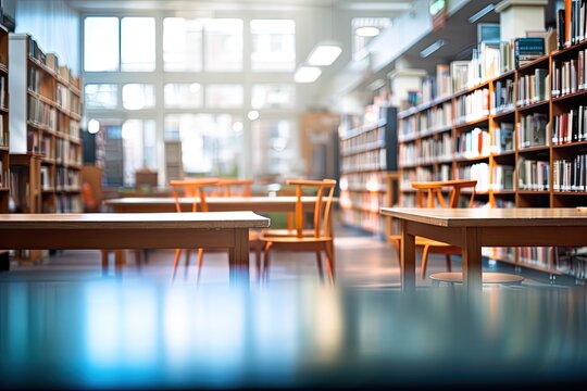 Empty library interior with bookshelves and tables. Blurred background, blurry college library. Bookshelves and a classroom in blurry focus, AI Generated