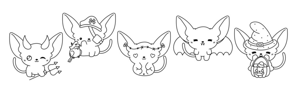 Collection of Vector Halloween Sphynx Cat Outline. Set of Isolated Halloween Kitten Coloring Page