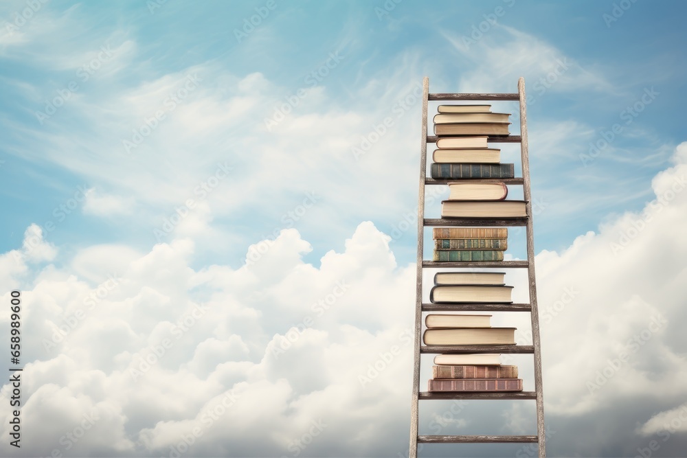 Poster stack of books on a ladder against blue sky with white clouds background, book stack with ladder on 