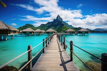 Tropical island with water bungalows and wooden jetty, Bora Bora Island, French Polynesia, AI Generated - obrazy, fototapety, plakaty