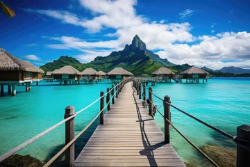Fototapete Bora Bora, Französisch-Polynesien Tropical island with water bungalows and wooden jetty, Bora Bora Island, French Polynesia, AI Generated