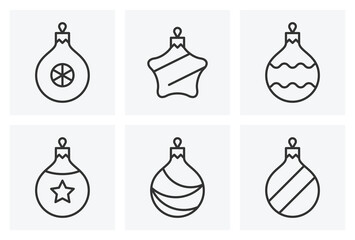 Set of six Christmas toys. Thin vector icons or signs