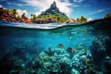 Fototapeta na wymiar Underwater view of coral reef with tropical fish and island in background, Bora Bora underwater, AI Generated