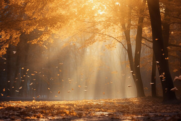 Forest landscape at sunrise with fallen autumn leaves.