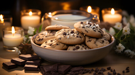 Close up chocolate chip cookies in cup bowl with candles - Powered by Adobe