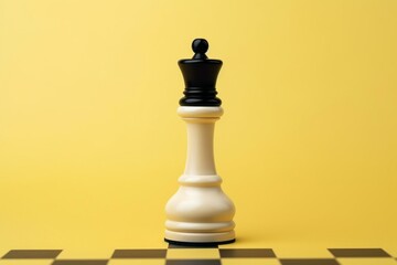Isolated black and white queen chess piece on pastel yellow background. Creative minimal concept. Generative AI - obrazy, fototapety, plakaty
