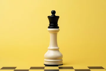 Fotobehang Isolated black and white queen chess piece on pastel yellow background. Creative minimal concept. Generative AI © Amelia