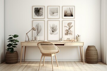 Scandinavian interior with gallery wall, rattan chair, white desk in home office. 3D render. Generative AI