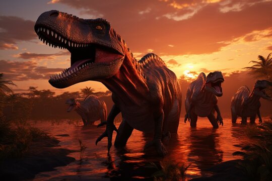 3D render of dinosaurs during sunset. Generative AI