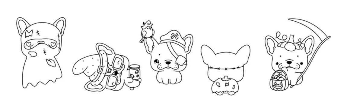 Set of Vector Halloween French Bulldog Dog Coloring Page. Collection of Halloween Puppy Outline.