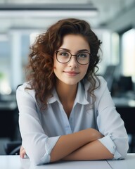 Fototapeta premium Close up portrait of smiling beautiful millennial businesswoman or CEO looking at camera, happy female boss posing making, confident successful woman at work.