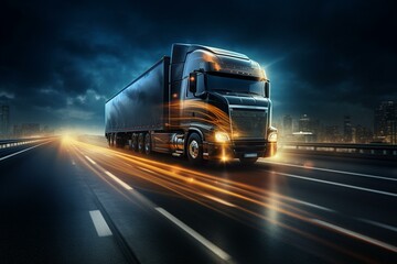 Truck with trailer drives at night on road with special effects. Generative AI