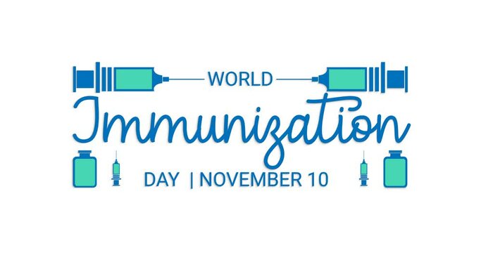 World Immunization Day text animation. Celebrated every November 10. Handwritten calligraphy text with alpha channel. Great for events and health promotion about immunization. Transparent background.