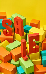 The inscription - sale, made of three-dimensional letters on a bright yellow background, on multi-colored paper boxes.