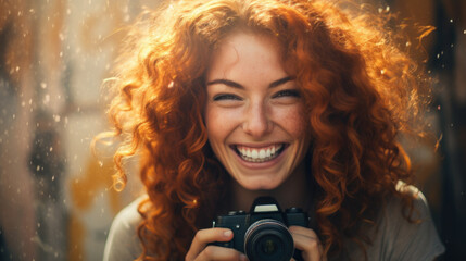 Smiling female photographer on International Photographer's Day, creativity in focus - obrazy, fototapety, plakaty