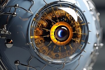 Fototapeta na wymiar 3D rendering of a robot's eye in a futuristic space. Close-up view of futuristic robot eye. Bionic prosthetic eye. Cybernetic technologies in prosthetics. 3D Rendering.