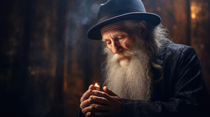 Yom Kippur devotion, an elderly man in solemn prayer, seeking forgiveness and renewal.