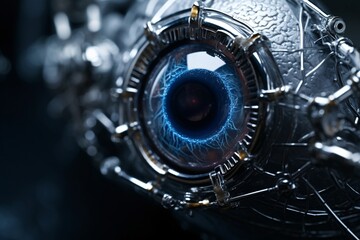 3D rendering of a robot's eye in a futuristic space. Close-up view of futuristic robot eye. Bionic prosthetic eye. Cybernetic technologies in prosthetics. 3D Rendering.