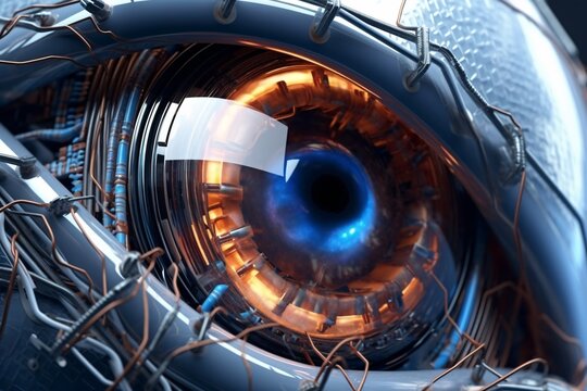3D rendering of a robot's eye in a futuristic space. Close-up view of futuristic robot eye. Bionic prosthetic eye. Cybernetic technologies in prosthetics. 3D Rendering.