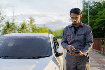 Auto mechanic inspects car by inspecting and writing checklist on clipboard. Mechanic checks car parts stock on laptop computer with car broken down on the side of the road