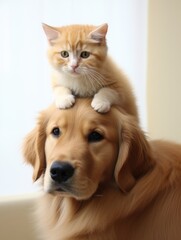 a little Cat sitting on a dog's head. Kitten and puppy together. Home pets. Animal care. Love and friendship. Domestic animals.