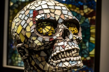 Stained-glass zombie in mosaic frame. Generative AI