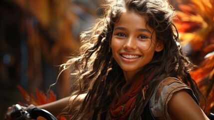 A joyful indigenous girl riding a motorcycle with a bright smile on her face
