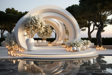 Futuristic wedding arch for marriage registration on the terrace of the house decorated with candles and white flowers