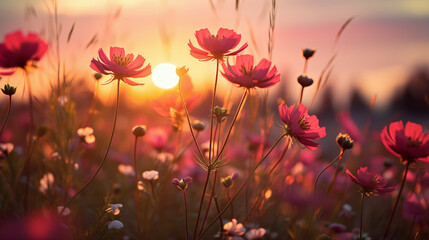 A sunset scene with a field of wildflowers in full bloom.