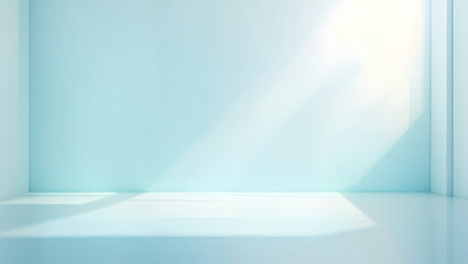 Minimal abstract light blue background for product presentation. Incident light from window on wall and floor.Minimal abstract light blue background for product presentation. 