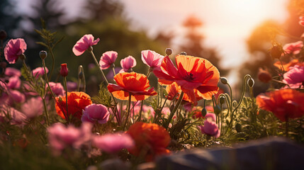 A field of wild blooms bathed in the warm hues of the setting sun.