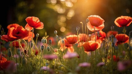 Sunset over a field of blooming wildflowers.