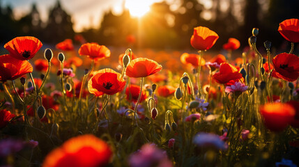 Sunset over a field of blooming wildflowers.