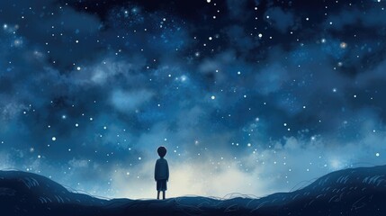 Back view of little boy looking at night sky with moon and stars background - obrazy, fototapety, plakaty