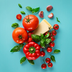 Colorful still life of fresh ingredients for cooking healthy Italian food top view