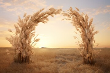 an arch made of dried grass at sunset, in the style of photorealistic renderings, light brown and gold