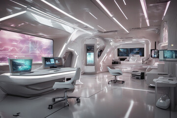 Fototapeta na wymiar a futuristic office with high tech gadgets holographic displays and a sleek futuristic design, in a hospital
