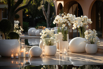 Wedding terrace decor with white flowers, vases and ball