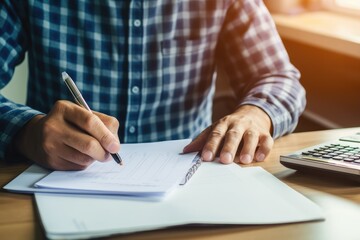 Fototapeta premium Businessman writing on paper in office. Close up of male hands holding pen and writing on notebook.