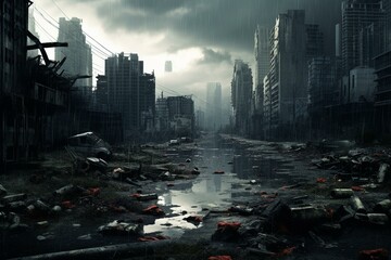 Artistic depiction of a post-apocalyptic city landscape after a heavy downpour. Generative AI