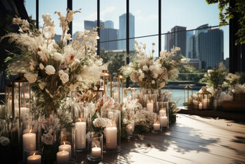Wedding luxury ceremony decorations with candles and white flowers outdoors