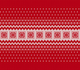 Fototapeta na wymiar Knitted geometrical pattern. Red Christmas seamless ornament. Xmas print border. Fair isle traditional holiday background. Festive sweater. Vector illustration.